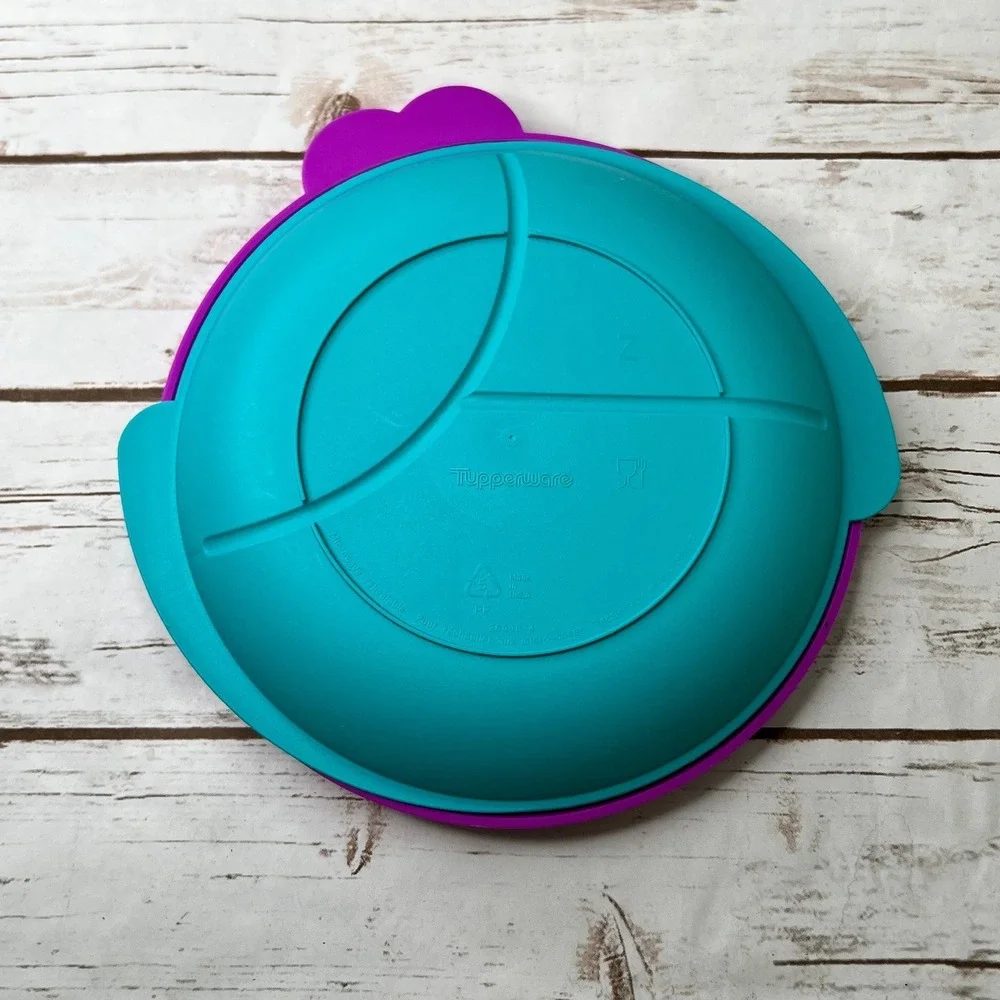 Tupperware Divided Plate Teal Blue Purple 3 Compartment Lid 8.5 Inch